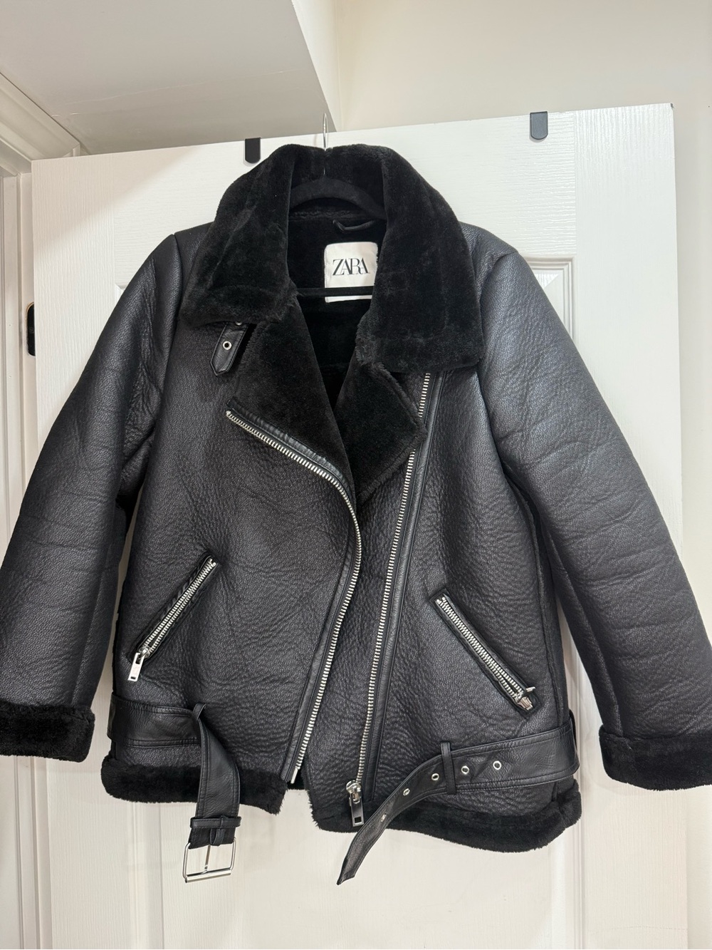 ZARA Black Faux Shearling Jacket with Fur Trim